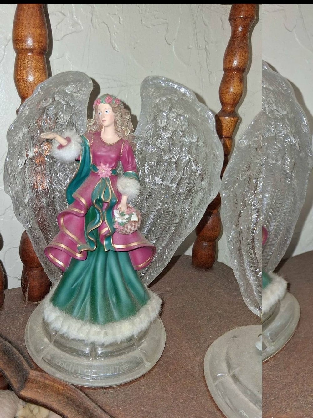 2 Danbury Mint Pink and Green Glass-Winged Angel Figurine